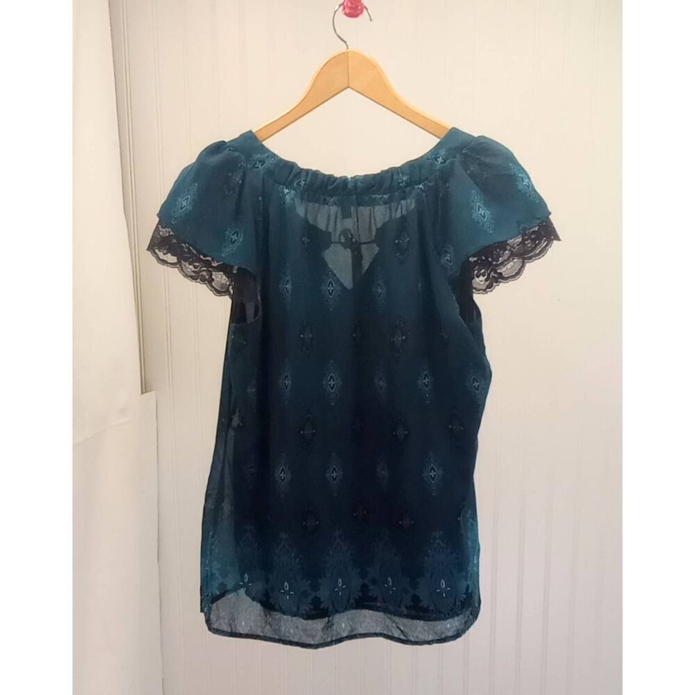 Apt. 9, teal and black, ruffled, cap sleeved blouse. Size medium - Picture 2 of 4